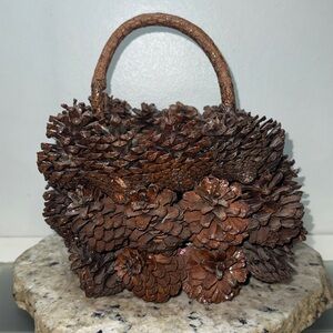 Vintage Rustic Pinecone Wood Slat Berry Basket 10” Cabin Decor